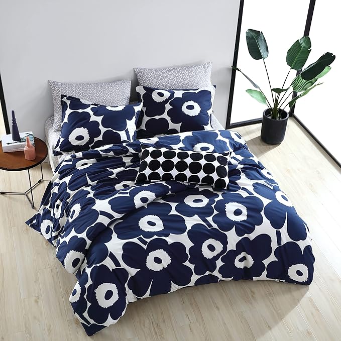 Marimekko - Queen Comforter Set, Cotton Bedding with Matching Shams, Lightweight Home Decor for All Seasons (Unikko Indigo, Queen)