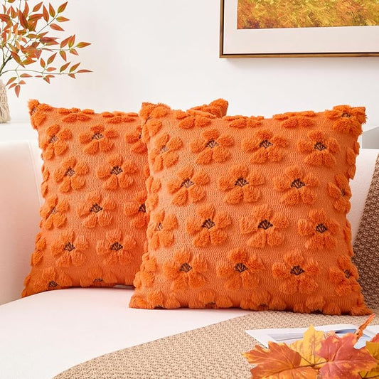 Kevin Textile Fall Floral Pillow Covers 18x18 Inch Set of 2 Cute Flowers Embroidery Decor Soft Plush Faux Fur Throw Pillows Pillowcases for Holiday Harvest Decor Sofa Couch Bedroom, Orange