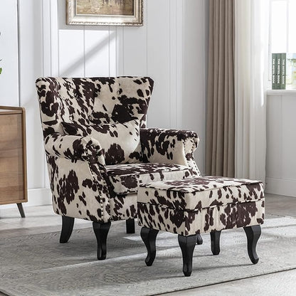 chairus Mid-Century Modern Accent Chairs with Ottoman Set of 2, Comfy Velvet Single Sofa Chair Button Tufted Wingback Armchairs with Pillow for Living Room/Bedroom/Club - Cow