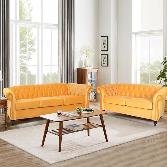 Living Room Velvet Sofa and Loveseat set, Mid Century Modern Upholstered Couch with Cushions, 2-Piece Home Sofa Furniture Sets, Comfy Tufted Chesterfield Couches for Living Room, Bedroom, Office