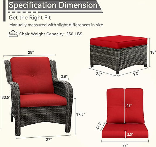 4 Pieces Patio Conversation Set, Wicker Chairs Set of 2 and Two Ottomans with 3.5-inch Seat Cushions, High Back and Curved Armrest for Backyard, Balcony and Deck, Red