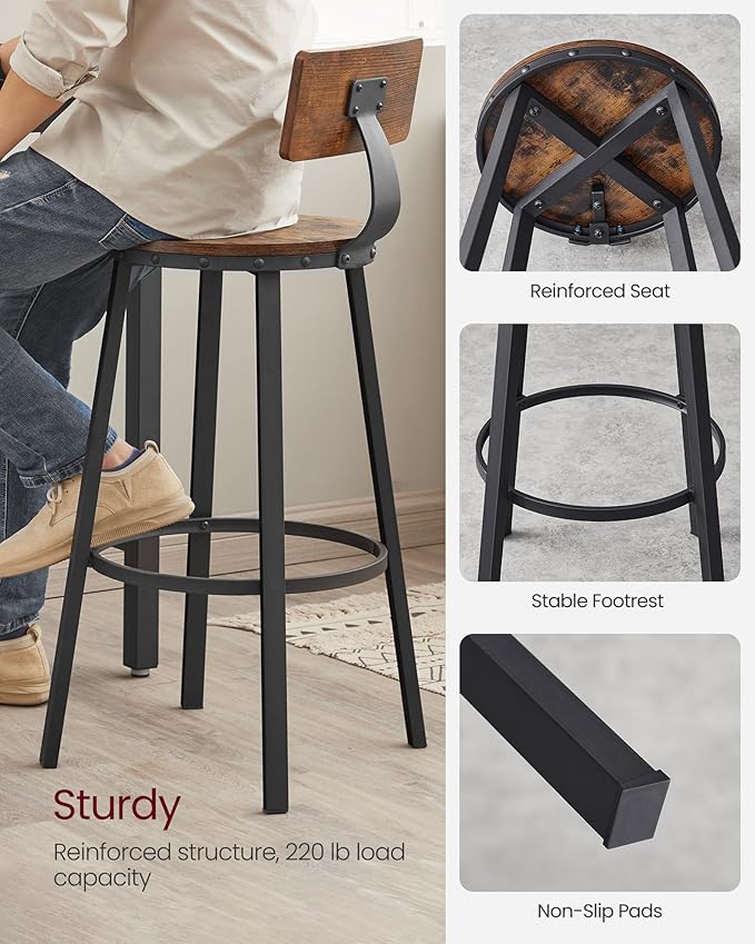 VASAGLE Bar Stools Set of 4, Bar Height Stools, 28.9 Inches Counter Barstools Chairs with Back for Dining Kitchen Island, Steel Frame, Industrial Style, Easy Assembly, Rustic Brown and Ink Black