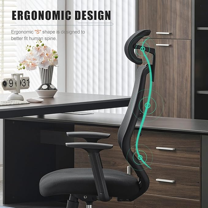 Okeysen Ergonomic Mesh Office Chair, High Back Swivel Computer Chair with 2D Adjustable Headrest, S-Shaped Lumbar Support, and Breathable Padded Seat for Home Office