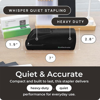 EcoElectronix Portable Automatic Electric Stapler Pro - 30 Sheet Capacity, Quiet Operation, Jam-Free and Easy Reload - AC Adapter/Battery Powered, (Black)