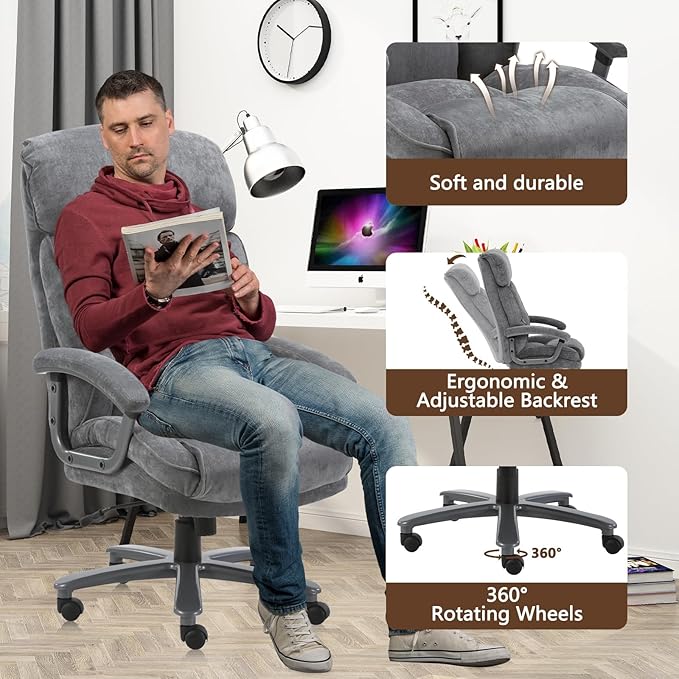 CLATINA Big and Tall Executive Office Chair, Extra Wide Seat, 800 LBS Capacity Heavy Duty Ergonomic Cloth Desk Chair with Wheels and Padded Armrests, High Back Fabric Computer Task Chair, Grey