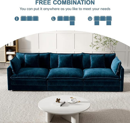 Modular Sectional Sofa, 111.5 Inch I-Shaped Cloud Sofa with Deep Seat Chenille Sofa with Cushions, Three-Self Sectional Sofa for Living Room Apartment,Blue