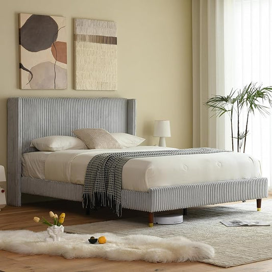 PINJU Queen Size Bed Frame, Upholstered Platform Bed with Modern Vertical Striped Wingback Headboard with Wooden Slats, Easy to Assemble No Noise Free (Grey, Queen (U.S. Standard))