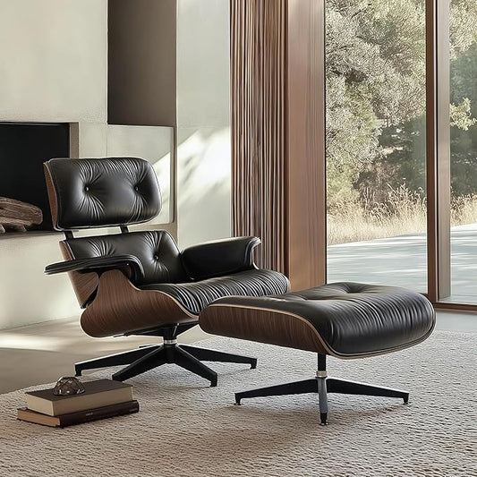 Top Black Grain Leather, Mid Century Chaise Lounge Chair and Ottoman, Modern Chair Classic Design, Walnut Wood, Heavy Duty Base Support for Living Room Office