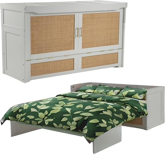 NIGHT & DAY Furniture Murphy Cube Cabinet Bed Pre-Assembled Queen (Clearance) (White with Rattan)