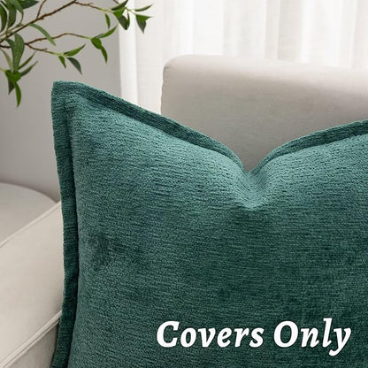 Green Decorative Throw Pillow Covers 16x16 Inch Set of 2 Cozy Soild Chenille Cushion Cases Soft Textured Square Couch Pillows Cover Boho Accent Farmhouse Pillowcases for Sofa Bed
