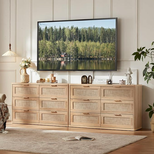 LEYAOYAO Rattan Dresser for Bedroom Set of 2, Boho 48" Wide 6 Drawer Dresser Chest of Drawers, Natural Wood Dressers TV Stand with Metal Handle, Storage Dressers Organizer for Living Room, Hallway