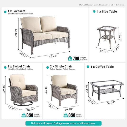 7 PCS Patio Outdoor Furniture Set with Swivel Rocking Chairs,All Weather Wicker Rattan Patio Seating Sofa and Chairs Set,Outdoor Conversaiton Sets for Deck Yard Prrch Garden Poolside,Beige