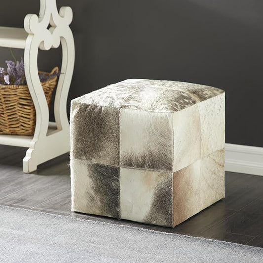 Deco 79 Leather Handmade Living Room Stool Cowhide Patchwork Ottoman, Foot Stool 16" x 16" x 16", Gray