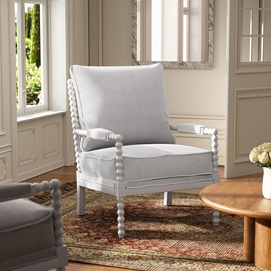 Morden Fort Linen Fabric Spindle Accent Chair with Wood Frame, French Style Accent Chairs with Padded Spring Seat and Armrest Pads, Brushed Base for Living Room Bedroom Farmhouse Office Balcony