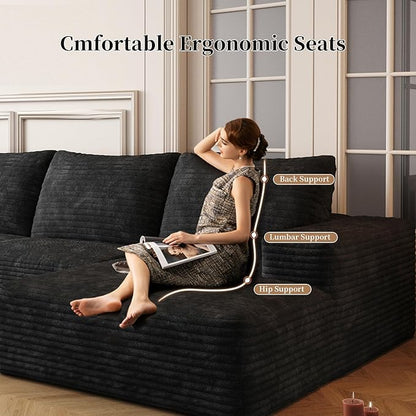 107.5" Cloud Modular Sectional Sofa with L-Shape Chaise, Modern Upholstered Couches for Living Room, Deep Seat Boneless Couch, No Assembly Required, Plush Corduroy Fabric (Black, Right Facing Chaise)