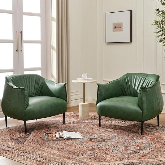KINWELL 33" W Faux Leather Barrel Chairs Set of 2 with Hand-Tufted Pleated Back Flared Arms, Modern PU Upholstered Accent Chairs with Metal Legs, Large Armchairs Lounge Chairs for Living Room, Green
