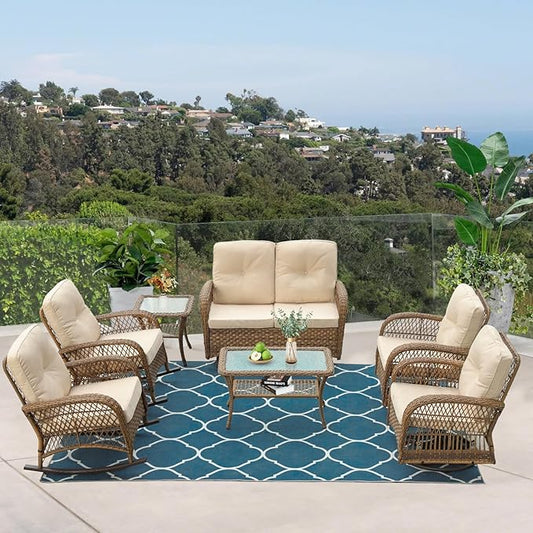 VIVIJASON 7-Piece Outdoor Patio Wicker Conversation Sets, All Weather Outdoor Rattan Furniture Set Includes Glider Loveseat, 2 Rocking Chairs, 2 Swivel-Gliders Chairs, 2 Coffee Table, Light Brown