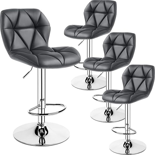 Yaheetech Bar Stools Set of 4, Adjustable PU Leather Swivel Barstools, Modern Counter Stools with Back and Footrest, Counter Height Barstools for Bar, Kitchen, Dining Room, Grey