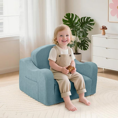 Comfy Toddler Chair for Kids, 2-in-1 Toddler Soft Plush Couch Fold Out, Convertible Kids Couch to Lounger, Baby Sofa for Boys and Girls, Blue