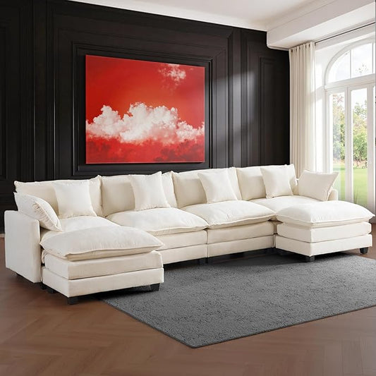 U-Shaped Cloud Chenille Sectional with 2 Ottomans, 146" Modular Sofa for Large Spaces, Ultimate Comfort with Deep Seats & Pillows, Solid Frame, 1YR Warranty