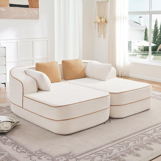 Cloud Sectional Sofa Modern Boneless Couch for Living Room, Comfy Deep Seat Comfy Teddy Fabric Double Sofa Chaise No Assembly Required (White, 77.2" Double Chaise Lounge)