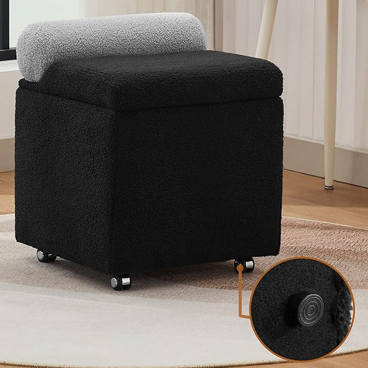 Boucle Vanity Chair with Storage, Swivel Makeup Vanity Chair with Wheels & Safety Hinge, Upholstered Vanity Stool Ottoman for Bedroom, Dressing Room, Black
