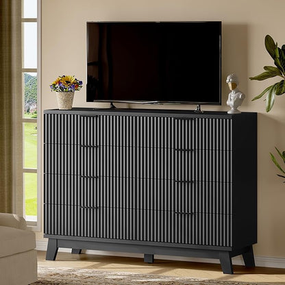 Fluted Dresser with 8 Drawers, 54" Wide Modern Chest of Drawers with Metal Handle, Wooden Dresser TV Stand, Wood Closet Clothes Storage Organizer for Bedroom, Living Room, Hallway, Solid Black