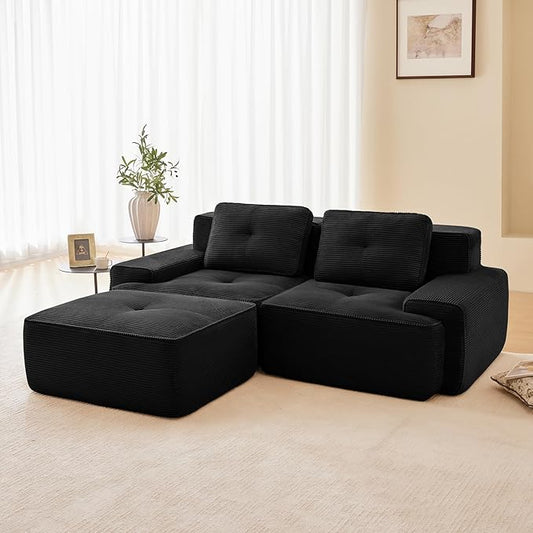80.3” Black Boneless Couches for Living Room, Modular Sectional Sofa with L-Shape Chaise, 2 Seater Comfy Upholstered Loveseat Deep Seat Corduroy Fabric Cloud Couch No Assembly, Anti-Slip Design