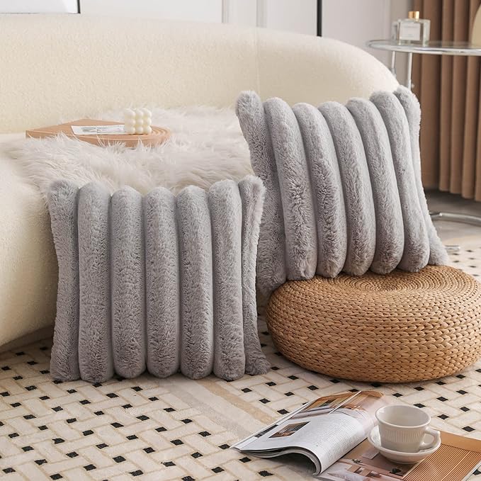 Neelvin Grey Faux Fur Cozy Soft Striped Decorative Throw Pillow Covers 12x20 inch Set of 2,Velvet Pillowcase Cushion Case for Sofa Couch