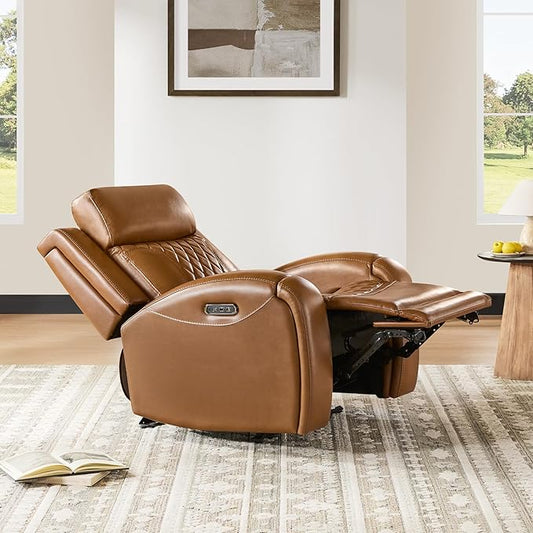 CHITA Genuine Leather Recliner Chair for Adults with Adjustable Power Headrest, Lay Flat Power Recliner with Slide-Out Cupholders & USB/Type-C Ports, Living Room Chair, Saddle