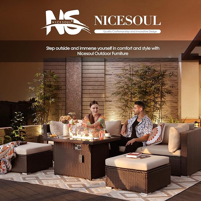 NICESOUL 7 Piece Outdoor Patio Furniture Set with Fire Pit Table Natural Gas & Propane Convertible, 29.3'' High Backrest Deep Wide Seating Conversation Sets, Wicker Sectional Couches, Brown & Beige
