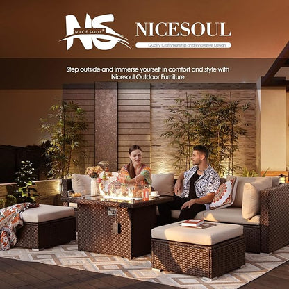 NICESOUL 9 Piece Modern Extra-Large Outdoor Patio Sectionals with Fire Pit Table Natural Gas & Propane, 29.3'' High Back Comfortable Conversations for Outside, Deep Seating Modular Sofa Couches, Tan