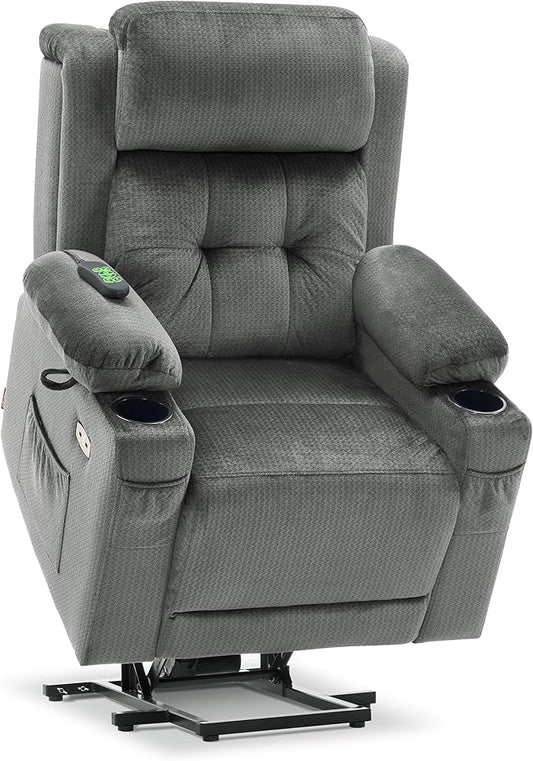 MCombo Medium Triple Motor Power Lift Recliner Chair with Massage and Heat for Elderly People, Adjustable Headrest, Infinite Position, USB Ports, Fabric 7661 (Grey, Medium)