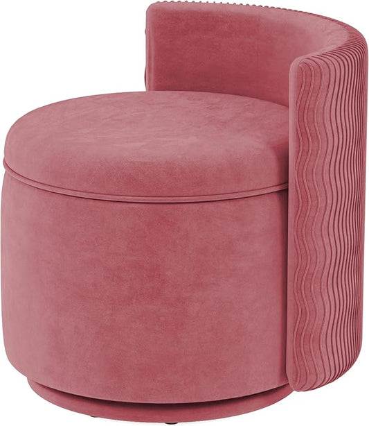 360° Swivel Accent Chair with Storage, Vanity Stool with Back, Velvet Storage Ottoman, Upholstered Round Barrel Vanity Chair for Living Room, Makeup Room, Bedroom (Dusty Rose)