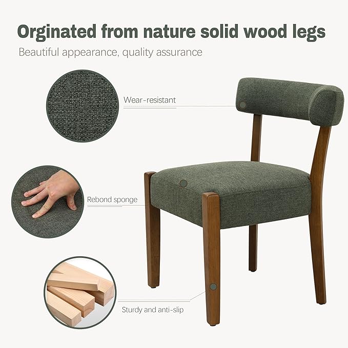 Modern Green Dining Chairs Set of 6, Walnut Upholstered Kitchen & Dining Room Chairs, Mid Century Modern Wooden Dining Chairs Oversized Sturdy Fabric Rounded Chairs Curved Back