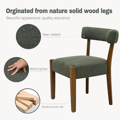 Modern Green Dining Chairs Set of 2, Walnut Upholstered Kitchen & Dining Room Chairs, Mid Century Modern Wooden Dining Chairs Oversized Sturdy Fabric Rounded Chairs Curved Back