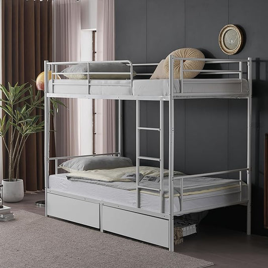 Karl home White Bunk Bed Twin Over Twin with 2 Storage Drawers, Metal Bunk Bed with Built-in Ladder and Safety Guardrail, Space-Saving Twin Bunk Beds for Kids, Teens & Adults, No Box Spring Needed