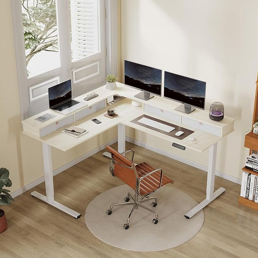 FLEXISPOT 63" L Shaped Standing Desk with Shelf Electric Corner Table, Drawers, Adjustable Computer Workstation for Home, Office,USB Charging Port, 63x55in, Light Maple Top + White Frame