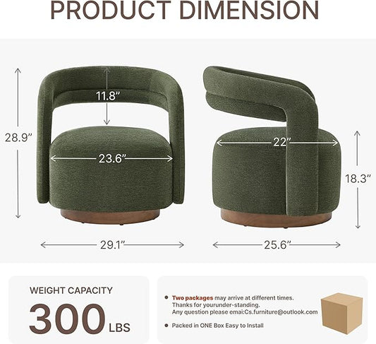 Swivel Accent Chair Set of 2, Upholstered Barrel Chair with Open Back Design, Modern Arm Chair with Wooden Base for Living Room Bedroom Reading Waitingroom,Green