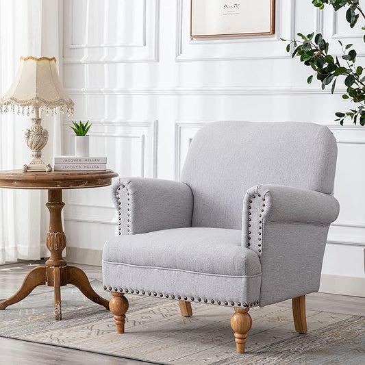 Modern Linen Accent Chairs Set of 2 Comfy Reading Chairs Upholstered Lounge Chair Single Sofa Couch for Bedroom/Living Room, Grey