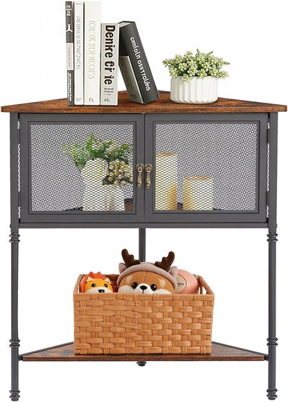 VECELO 3 Tier Corner Cabinet,Corner Table Shelf with Storage Cabinet,Industrial Metal Frame and Wood Shelves Organizer for Small Spaces in Living Room/Bedroom/Kitchen