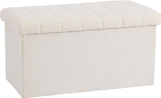 Seville Classics Cushioned Fabric Ottoman Hidden Storage Chest Footrest Chair, Padded Seat for Bedroom, Dorm, Loft, Living Room, Entryway, Hallway, White Boucle, 30" Bench