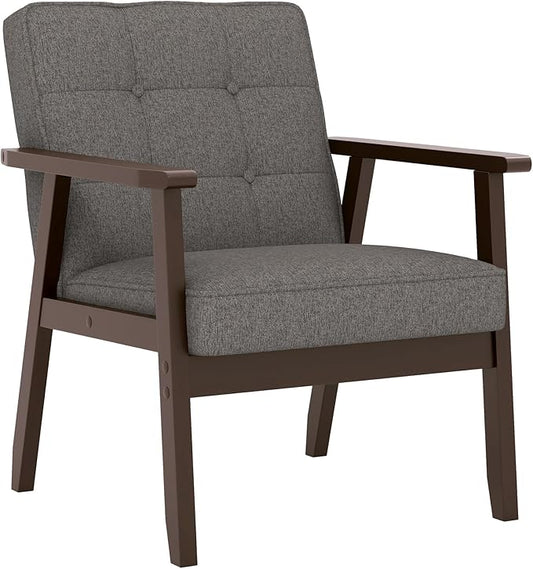 KCC Mid-Century Modern Linen Fabric Accent Chair, Upholstered Tufted Leisure Chair Comfy Reading Side Chair with Armrest and Solid Wood Frame for Living Room Bedroom Balcony(Gray)
