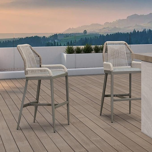 PURPLE LEAF 4 Pieces Bar Stools Patio Modern Rattan Barstools Aluminum Woven Tall Bar Chairs with Cushions for Outdoor Kitchen Island Garden