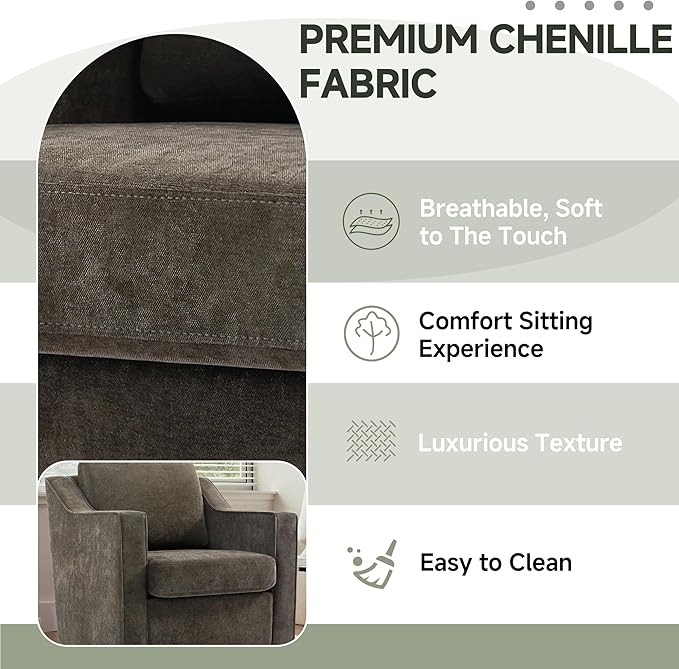 UIXE Swivel Accent Chair, Chenille Upholstered Arm Chair for Living Room, Modern Club Armchair Comfy Single Sofa Bedroom Reading Seat with Lumbar Pillow - Coffee