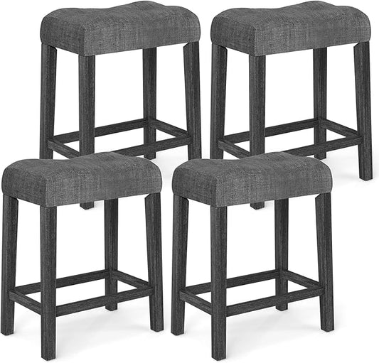 COSTWAY Wooden Saddle Stools Set of 4, 24-inch Counter Height Upholstered Backless Bar Stools with Solid Rubber Wood Legs, Padded Seat, Farmhouse Dining Chairs for Kitchen Island, Cafe, Grey