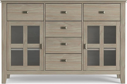 SIMPLIHOME Artisan Buffet - 54 inch Wide Solid Wood 3-Door Sideboard Buffet in Distressed Grey, Transitional Storage Cabinet for Dining Room or Kitchen with Adjustable Shelves and Bronze Hardware