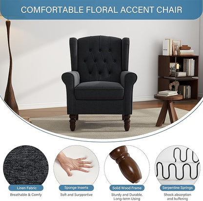 UIXE High Back Accent Chairs Set of 2, Upholstered Armchair in Fabric, Retro Wingback Arm Chair for Living Room, Comfy Single Sofa Bedroom Reading Seat with Solid Wood Legs - Black Blue