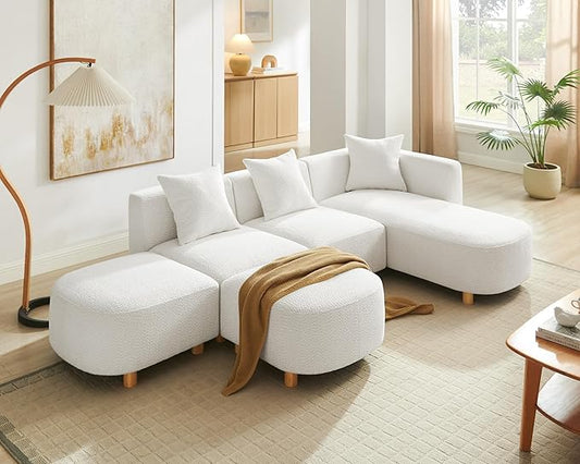 VANOMi 109.84" Modular Sectional Sofa with 3 Pillows, Convertible 5-Seater Comfy Boucle Cloud Couch with Ottoman, Modern Sectional Sofas for Living Room, Office, Apartment (White)