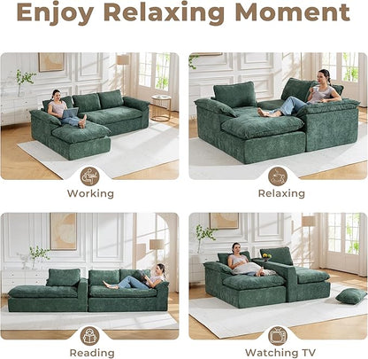 Modular Sectional Sofa, 107.5" L-Shaped Boneless Couch with Deep Seat, Modern Minimalist Upholstered Cloud Sectional Couch for Living Room Bedroom, No Assembly Required, Green Chenille